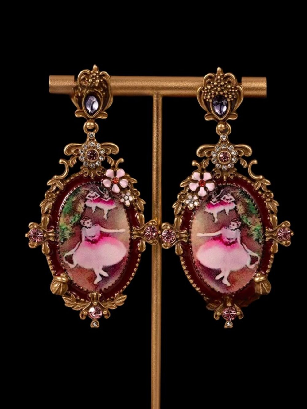 Victorian Style Ballerina Print Cabochon Statement Dangle Earrings Gold Tone